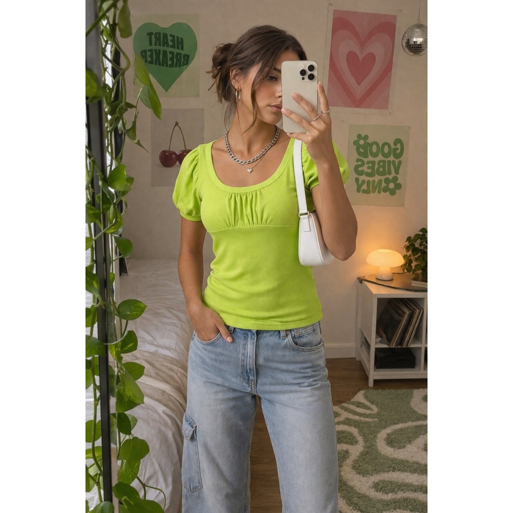 Lime Green Ribbed Puff Sleeve Top Scoop Neck Fitted Tee Y2K Empire Waist Rue 21